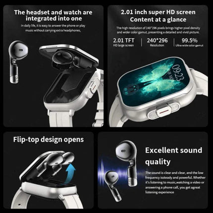 Smartwatch with Earbuds showcasing integrated headset and 2.01" HD touchscreen for fitness and music.