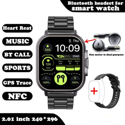 Smartwatch with Earbuds  attachment, displaying features like heart rate, music control, and call functions on a white background.