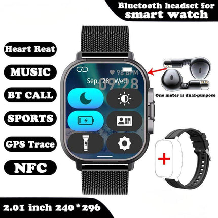 Smartwatch with Earbuds feature, displaying functions like heart rate, music, and calls on a white background.