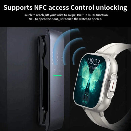 Smartwatch with Earbuds with NFC feature interacting with a door lock, highlighting its unlocking capabilities.