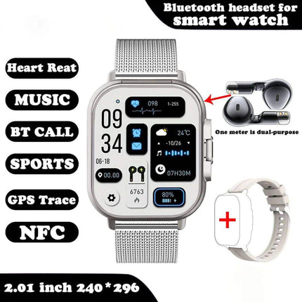 Smartwatch with Earbuds with Bluetooth headset attachment on a white background