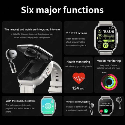 Smartwatch with Earbuds showcasing six major functions including health and motion monitoring features.