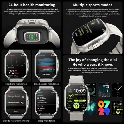 Smartwatch with Earbuds showcasing health monitoring features and sports modes on a vibrant touchscreen.
