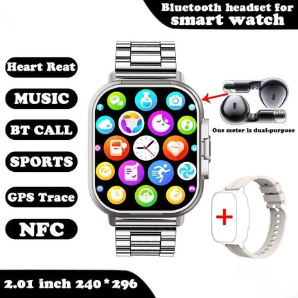 Smartwatch with Earbuds with Bluetooth headset attachment, displaying various functions on screen.