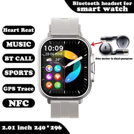 Smartwatch with Earbuds with Bluetooth headset attachment on a white background
