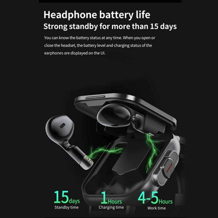 Smartwatch with Earbuds display showing headphone battery life details and charging information