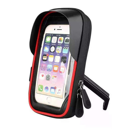 Waterproof Bicycle & Motorcycle Phone Holder with a smartphone displaying app icons on a white background