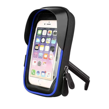 Waterproof Bicycle & Motorcycle Phone Holder with a smartphone displaying app icons on a white background