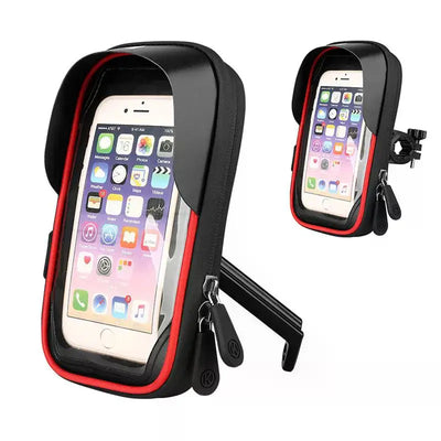 Waterproof Bicycle & Motorcycle Phone Holder with a smartphone displaying app icons on a white background