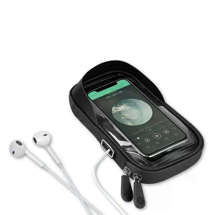 Waterproof Bicycle & Motorcycle Phone Holder with phone and earbuds on a white background