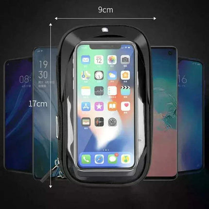 Waterproof Bicycle & Motorcycle Phone Holder with smartphone inside, showing dimensions on a dark background