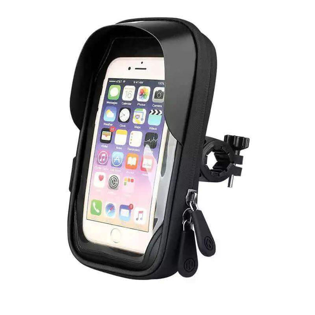 Waterproof Bicycle & Motorcycle Phone Holder with a smartphone displaying app icons on a white background