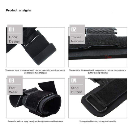 Product analysis of Weight Lifting Hooks with Wrist Straps highlighting features such as hooks, neoprene, and fast wear.