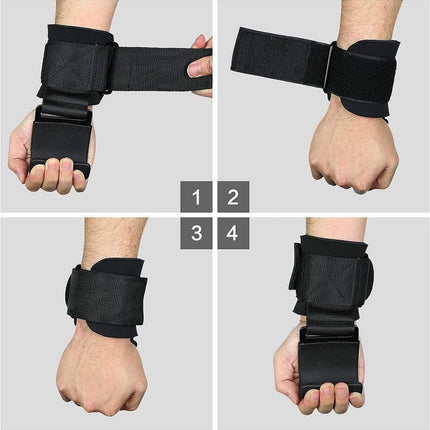 Weight Lifting Hooks with Wrist Straps shown in different hand positions for enhanced grip strength.