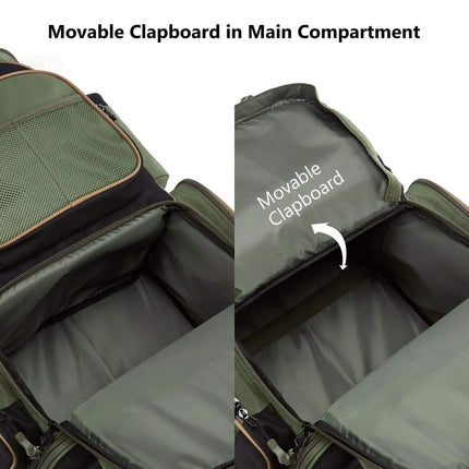 Multifunctional Fishing Tackle Backpack Green travel bag with a movable clipboard feature highlighted.