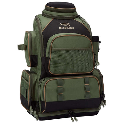 Multifunctional Fishing Tackle Backpack Green and black fishing backpack with 'Bassdash' logo on a white background