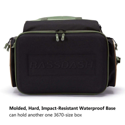 Multifunctional Fishing Tackle Backpack Black and green fishing bag with 'BASSDASH' branding on a white background