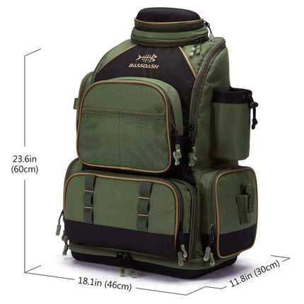 Multifunctional Fishing Tackle Backpack Green and black fishing backpack with dimensions on a white background