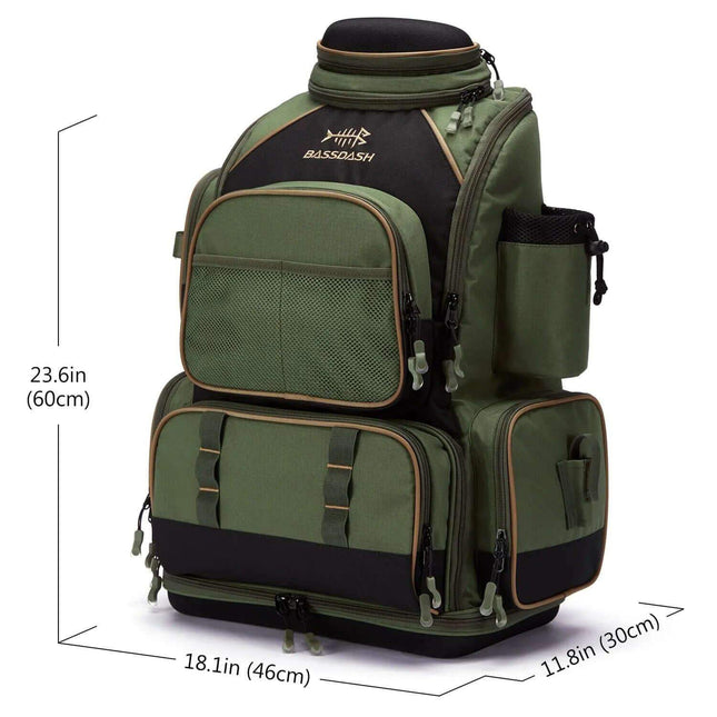Multifunctional Fishing Tackle Backpack Green and black fishing backpack with dimensions on a white background