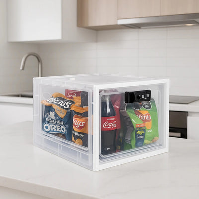 Clear storage box on a kitchen counter with snacks and drinks inside