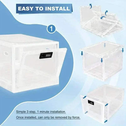 Transparent Fridge Lock Box with installation instructions on a blue background