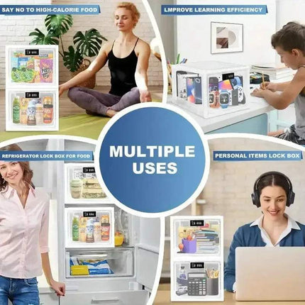 Collage of a Transparent Fridge Lock Box with various uses including food storage, learning efficiency improvement, and personal items security.