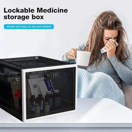 Woman with a cold next to a Transparent Fridge Lock Box with medicines inside