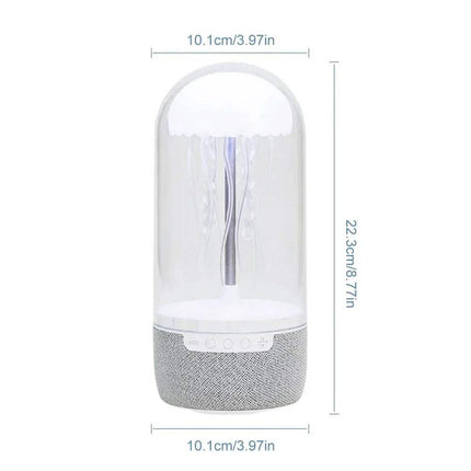 Jellyfish Lamp Speaker with gray base and dimensions labeled on a white background