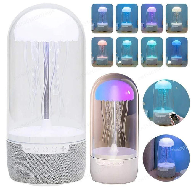 Jellyfish Lamp Speaker with color-changing lights and multiple views displayed.