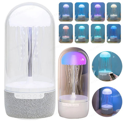 Jellyfish Lamp Speaker with color-changing lights and multiple views displayed.