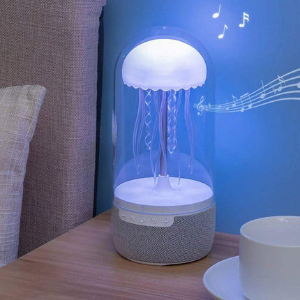 Jellyfish Lamp Speaker with music notes on a blue background