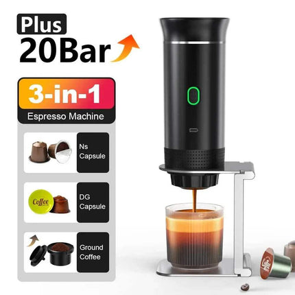 Portable Coffee Maker 3-in-1 Espresso Machine with 20 Bar pressure for brewing coffee anywhere.