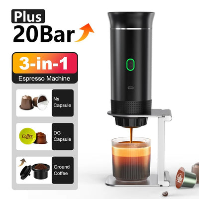 Portable Coffee Maker black color with a glass of coffee and various capsule types on a white background