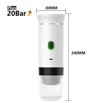 Portable Coffee Maker dimensions and features with 20 Bar pressure for brewing café-quality coffee anywhere.
