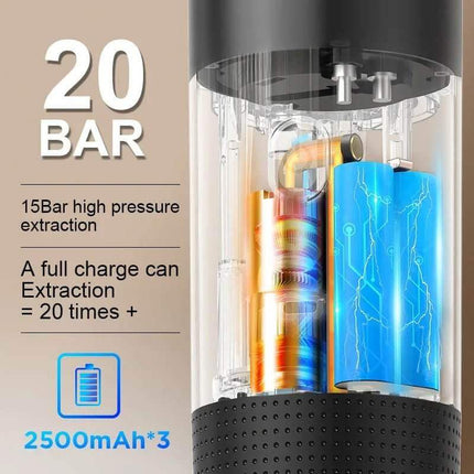 Close-up of Portable Coffee Maker showcasing 20 bar high-pressure extraction and powerful 2500mAh battery.
