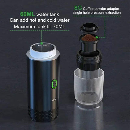 Portable Coffee Maker features a 60ML water tank, 8G coffee adapter, and single hole pressure extraction.
