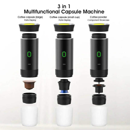 3 in 1 Multifunctional Capsule Machine showcasing coffee capsules and parts display for a Portable Coffee Maker.