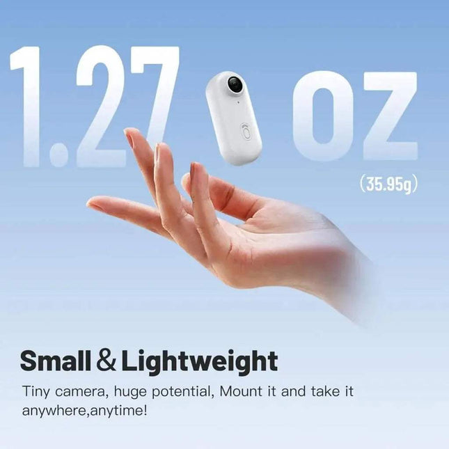 Portable POV Camera held in a hand with text indicating weight and features on a light blue background