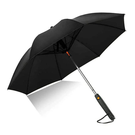 portable umbrella with fan Black umbrella with a white light underneath on a white background
