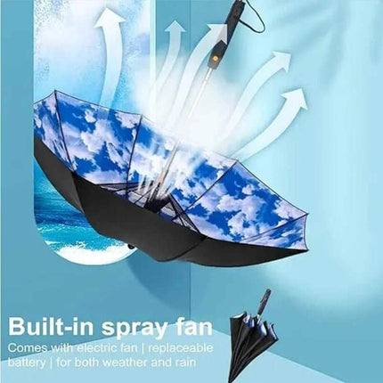 portable umbrella with fan Umbrella with built-in spray fan on a blue background