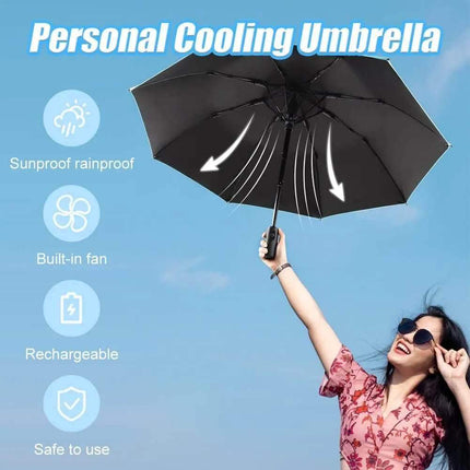 portable umbrella with fan Black umbrella with built-in fan held by a person against a blue sky, featuring text and icons about the umbrella's features.