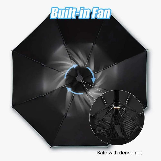 Portable Umbrella with Fan Black umbrella with built-in fan mechanism on a white background