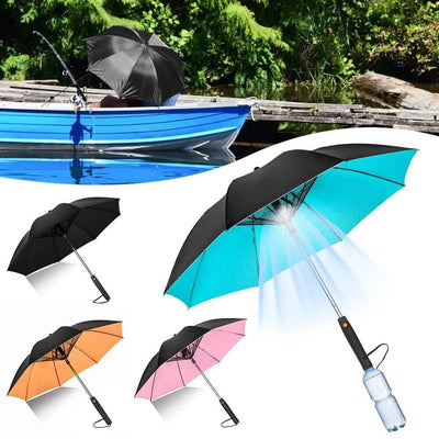 Portable Umbrella with Fan in various colors, with misting feature for cooling on sunny days.
