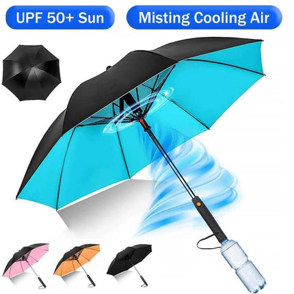 portable umbrella with fan Blue umbrella with misting feature, shown with additional color options and text about sun protection and cooling air.