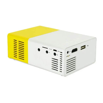 Salange Mini Projector YG300. White electronic device with yellow side on a white background