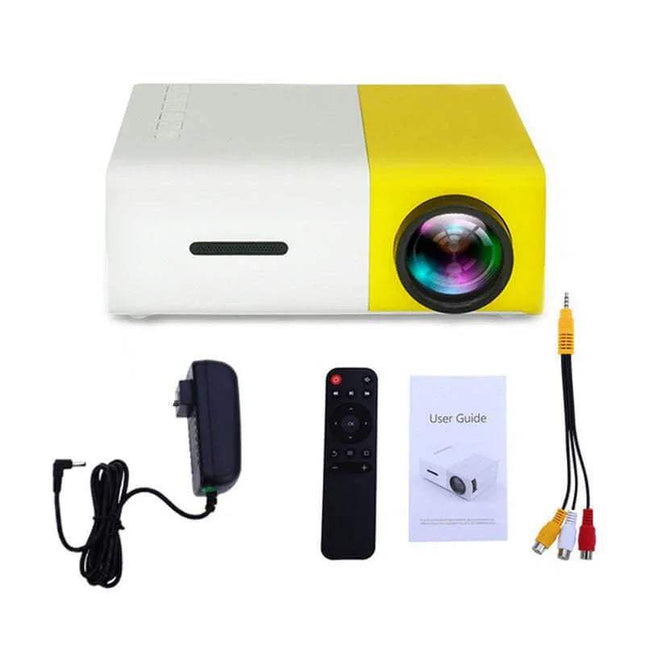 Salange Mini Projector YG300. Yellow and white projector with accessories on a white background