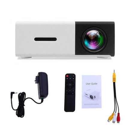 Salange Mini Projector YG300. Projector with accessories including a power cable, remote control, user guide, and audio cables on a white background.
