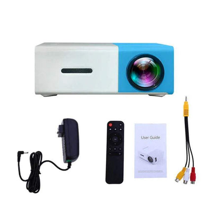 Salange Mini Projector YG300. Blue and white projector with accessories on a white background