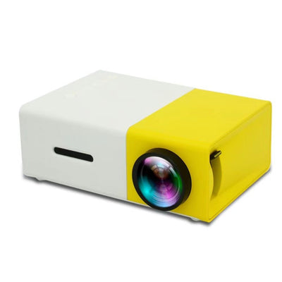 Salange Mini Projector YG300. Yellow and white portable projector on a white background