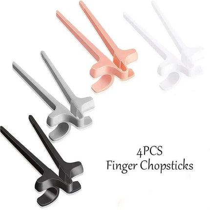 Snack Grabbers. Four pairs of finger chopsticks in black, silver, and rose gold on a white background.